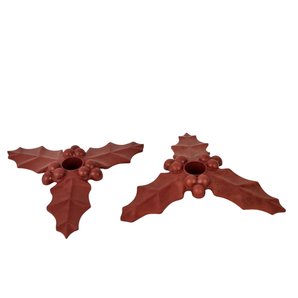Vintage dark red Bakelite pair holly and berry candleholders home decor